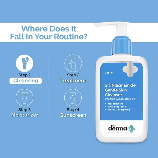 Derma Co 2% Niacinamide Gentle Skin Cleanser do skóry wrażliwej, suchej i normalnej - 125 ml Niepodrażniający | Delikatnie oczyszcza makijaż