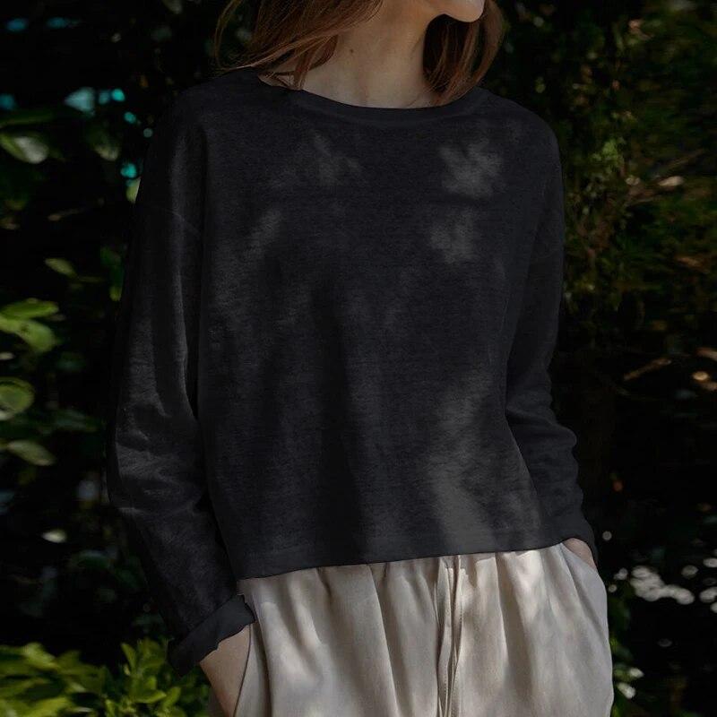 Johnature Spring Summer Long Sleeve T-Shirt Women Slouchy Cropped Underneath Simple Crewneck Thin Casual Tops