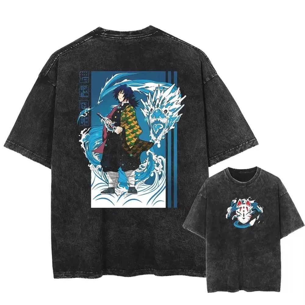Demon Slayer Graphic T Shirts Man Anime Oversized Vintage Washed Women Casual Short Sleeved Tee Streetwear Y2k Top Summer Trendy