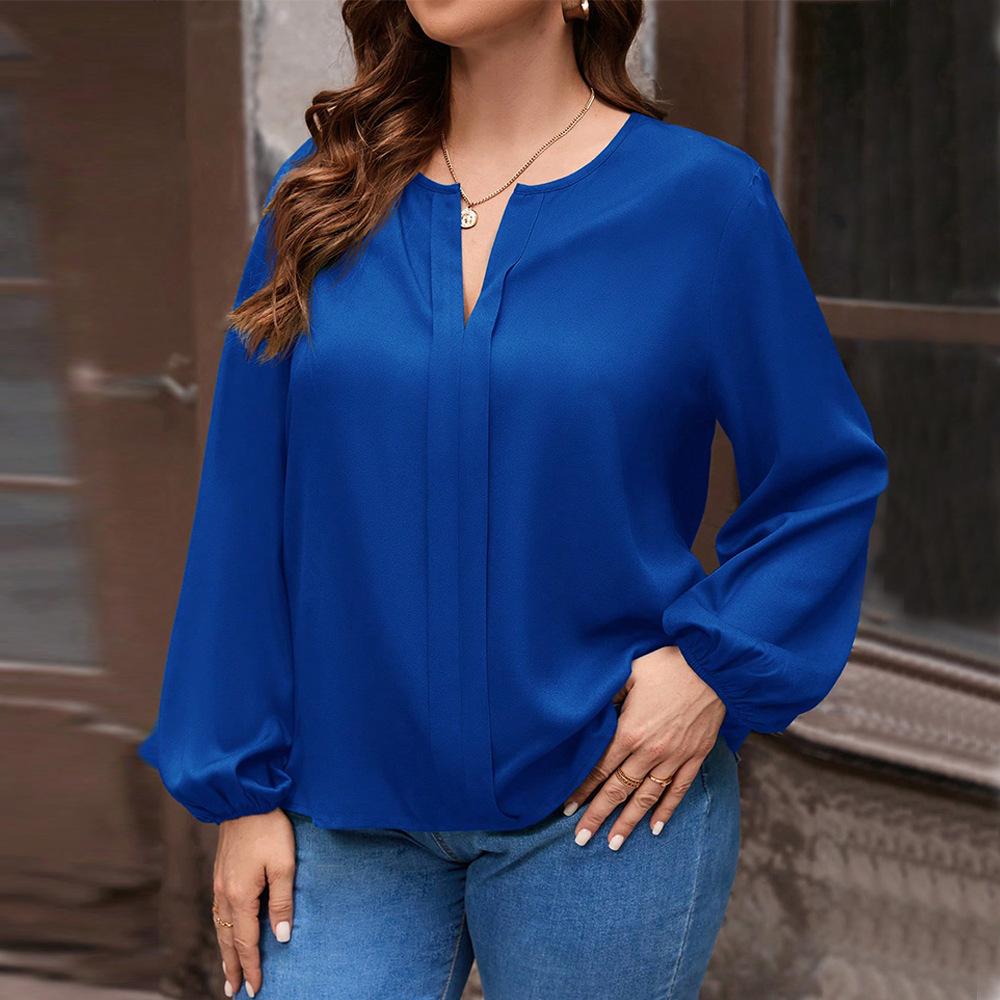 European and American large-size women's clothing autumn and winter new solid color V-neck loose casual long-sleeved T-shirt top