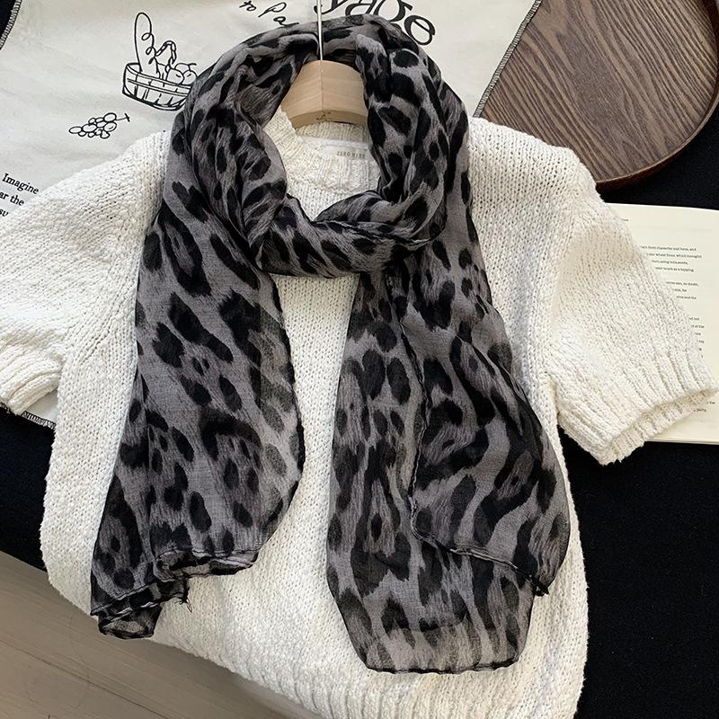 Retro Coffee Leopard Print Silk Scarf Neck Women's Thin Silk Scarf Long Strip High-end Scarf Shawl
