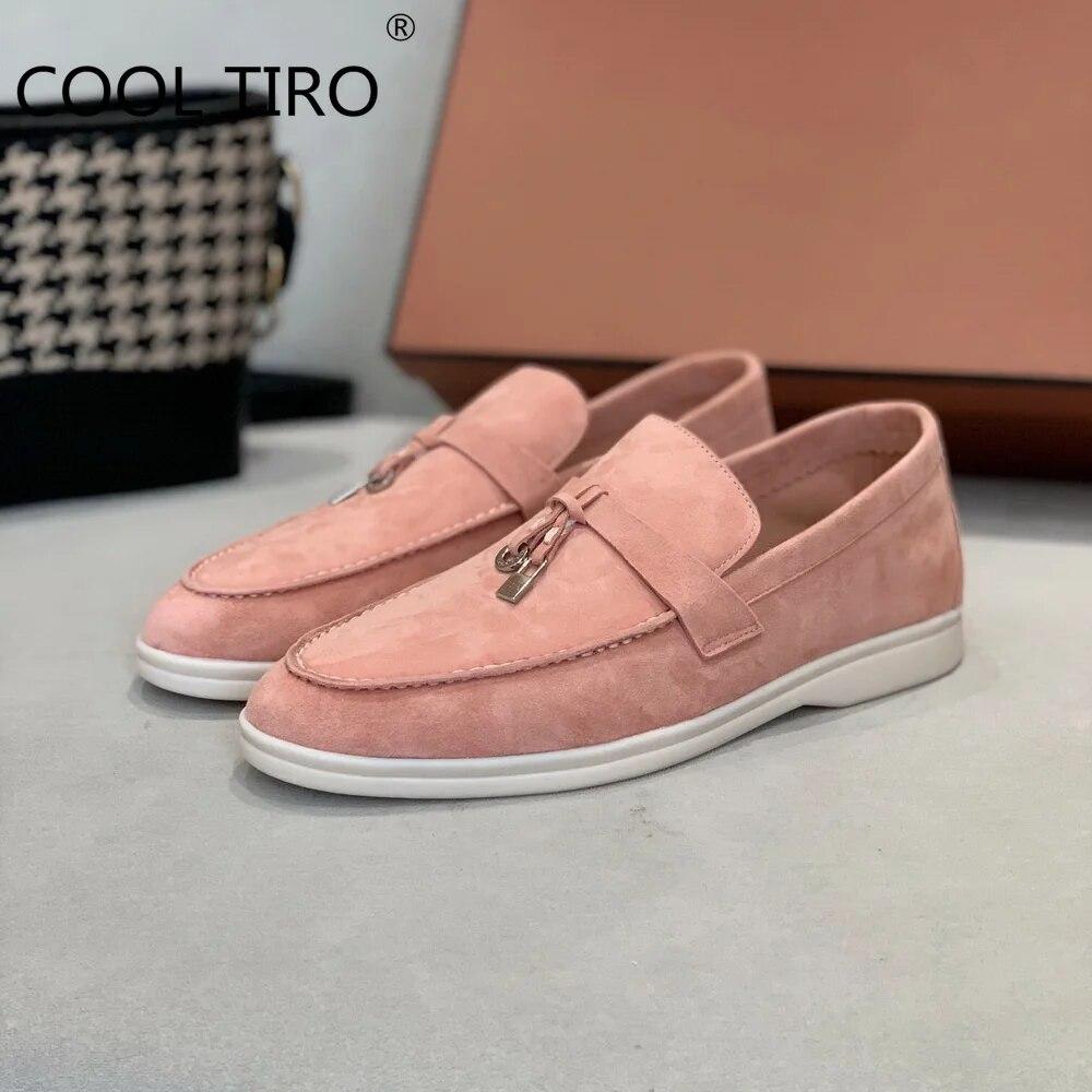 Woman Flat Shoes Slip On Women Loafers Leather Metal Lock Blue Suede Moccasins Mules Casual Driving Shoe Summer Walk Shoes Femme