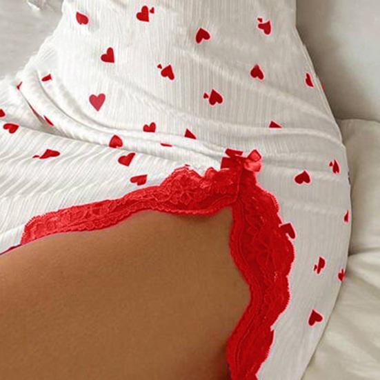 Women's Lace Trim Side Slit Cami Sleep Dress Cute Heart Print Sleeveless Ribbed Nightgown Sexy Spaghetti Strap Summer Loungewear