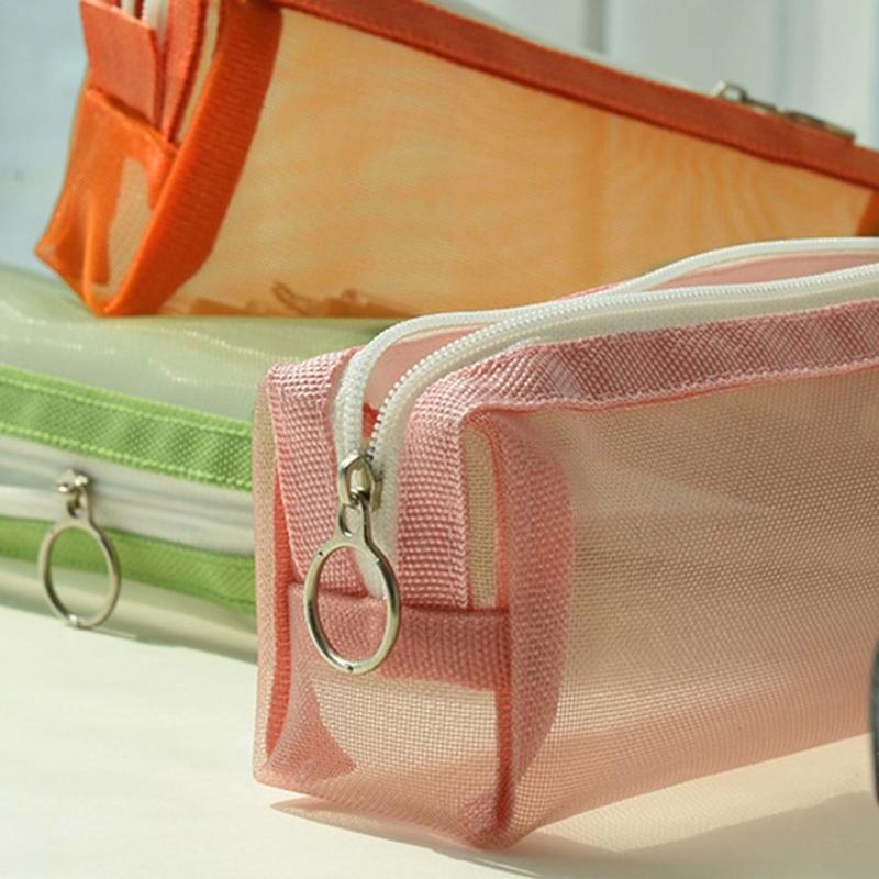 Cute Transparent Pencil for Case Mesh Makeup Storage Holder Pouch Solid Color for Travel Cosmetics Stationery Small Craf