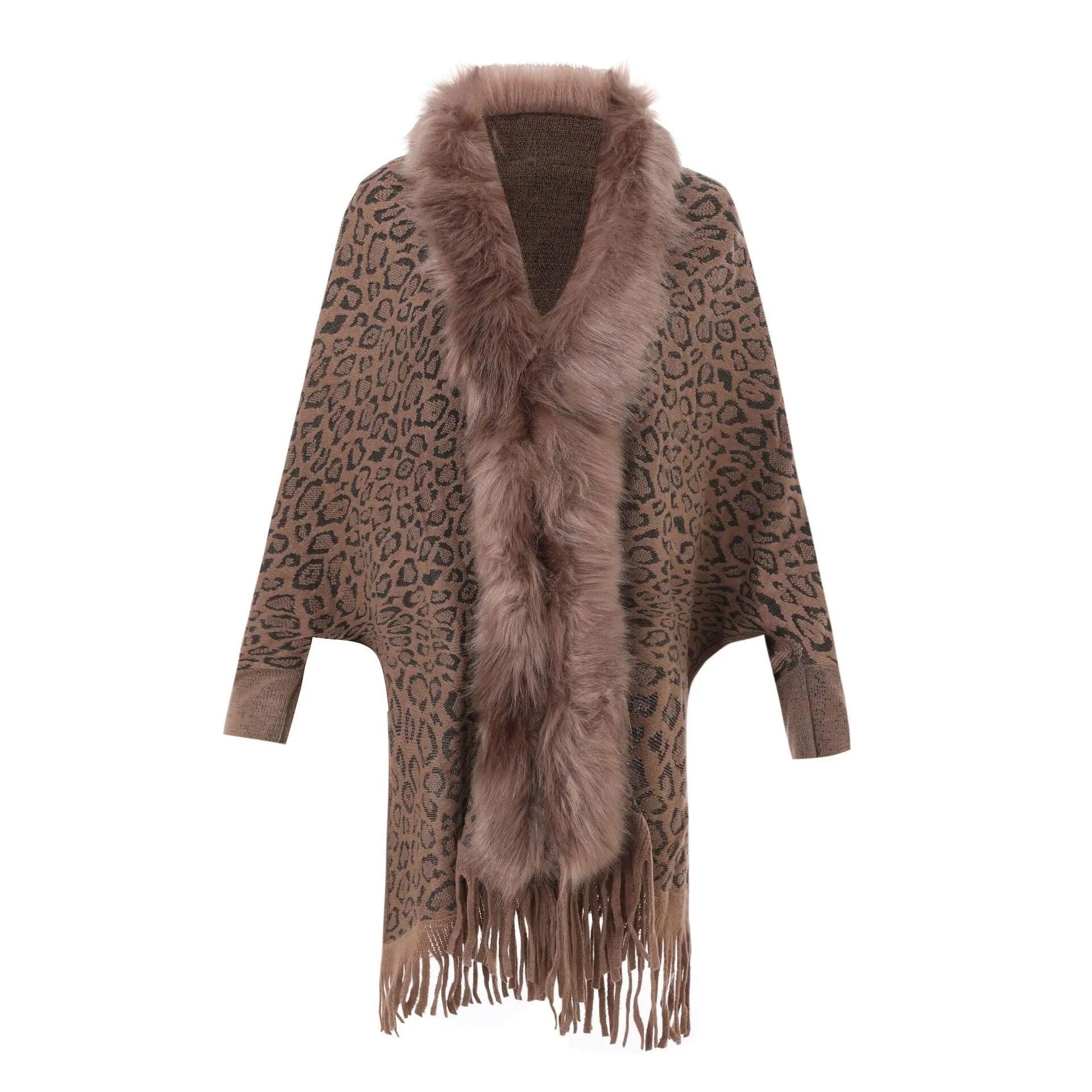 

Женский кардиган с кисточками, теплое пальто с открытой вышивкой и длинными рукавами, винтажная леопардовая шаль, зимняя накидка-пончо оверсайз из искусственного лисьего меха ONE SIZE хаки