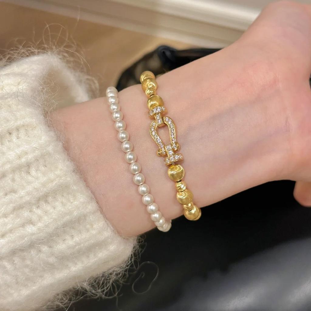 French Retro Diamond-Encrusted Cat'S Eye Horseshoe Buckle Bracelet Women'S Antique Niche High-End Elastic Rope Jewelry Bracelet