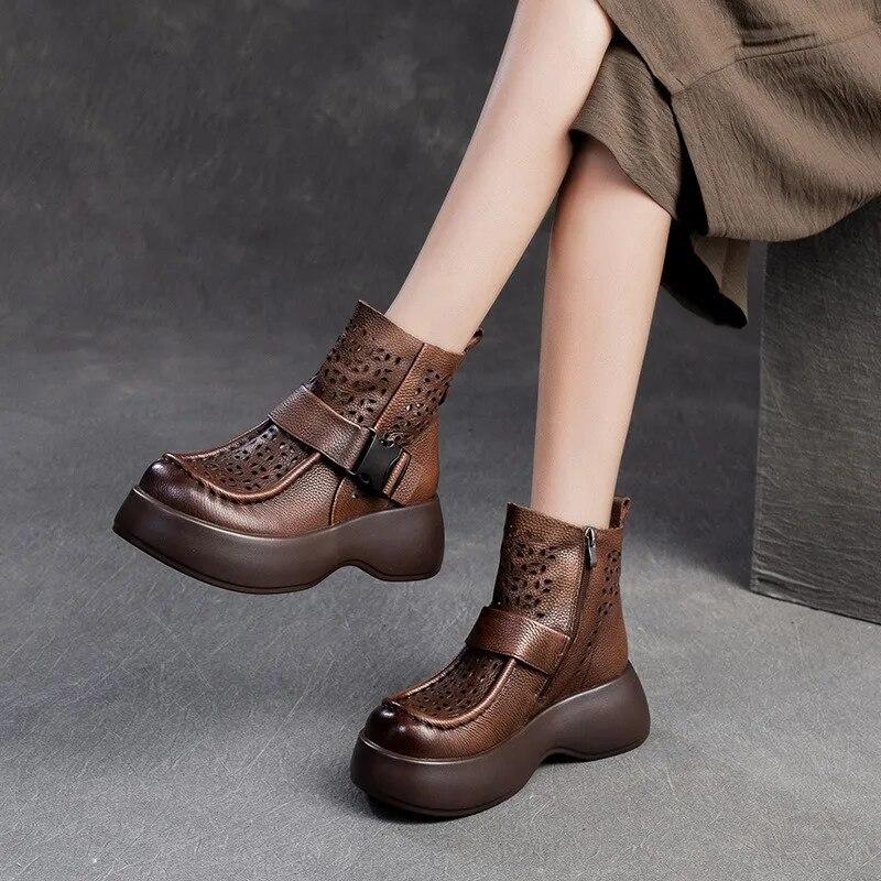 Johnature Breathable Hollow-out Boots Genuine Leather Lightweight Platform Sandals Thick Sole Women's Shoes