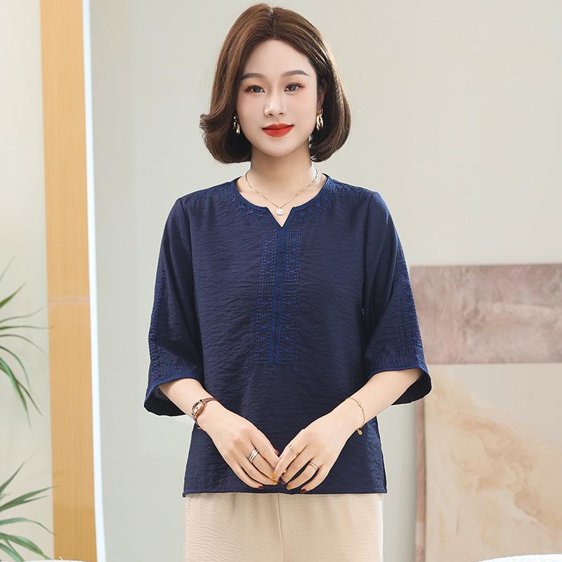 Stylish Plus Size Cotton & Linen Summer Top for Middle-Aged and Elderly Women