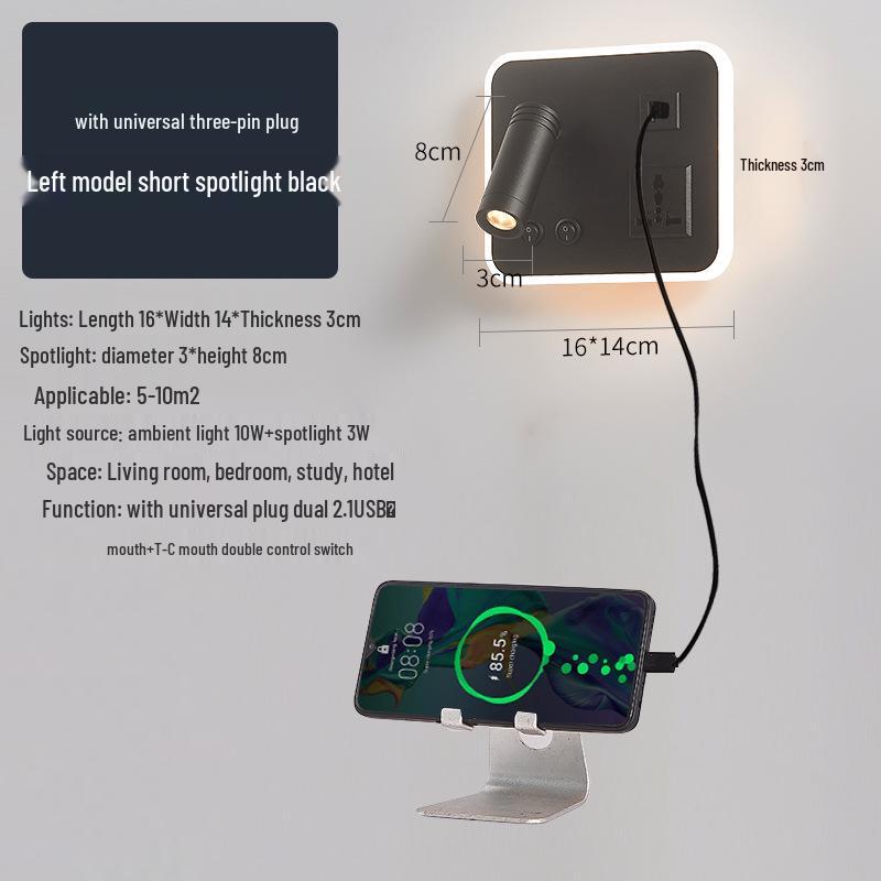 Modern Minimalist Indoor LED Wall Lamp with USB Reading Light for Bedroom or Living Room.