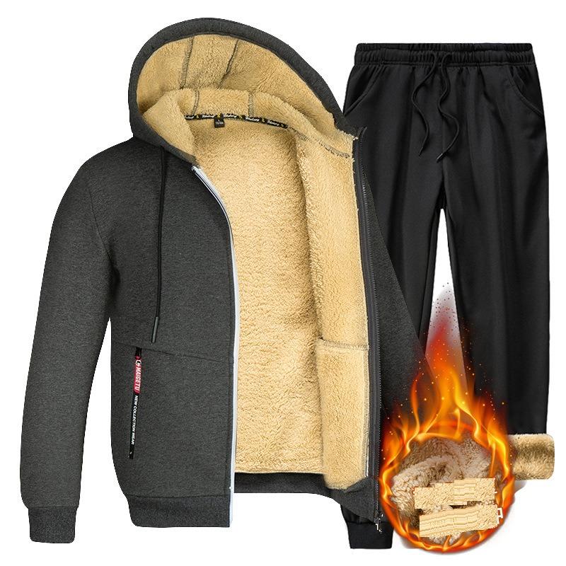 Plucked Lamb Wool Men's Hooded Sweatshirt Thickened Cotton Jacket And Men's Two-piece Set Sports Port Style Casual Wear