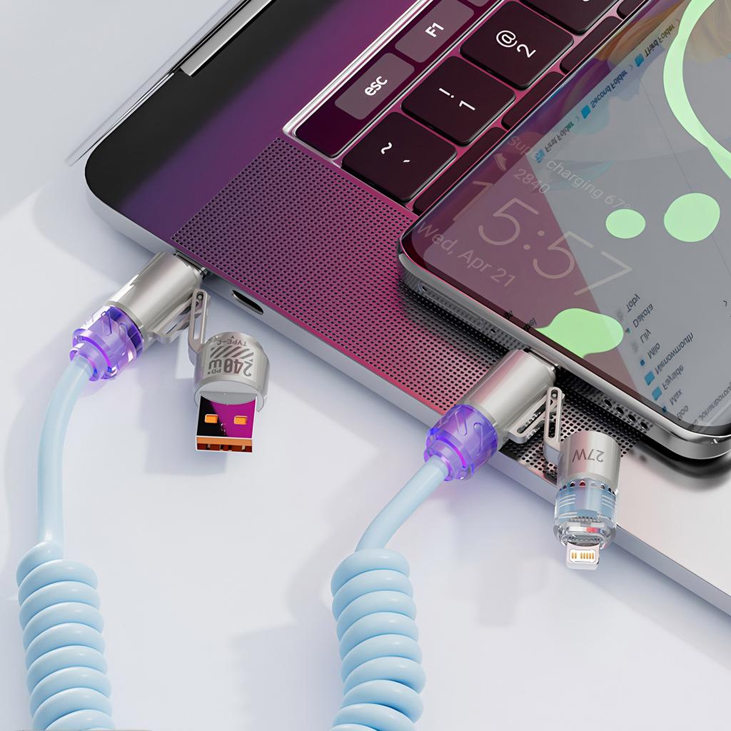 4 in 1 240W Spring Short Data Cable USB Type C Spring Telescopic Quick Charger Wire Spring USB Cable for iPhone 15 14 13 12