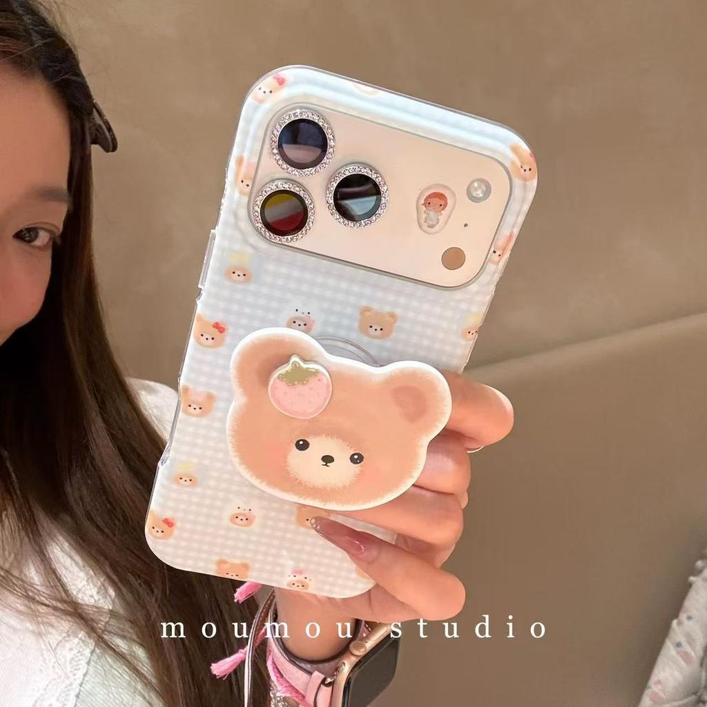 Ins Korean Blue Plaid Bear for iPhone17promax Apple 16 Mobile Phone Case 15pm Explosion 17