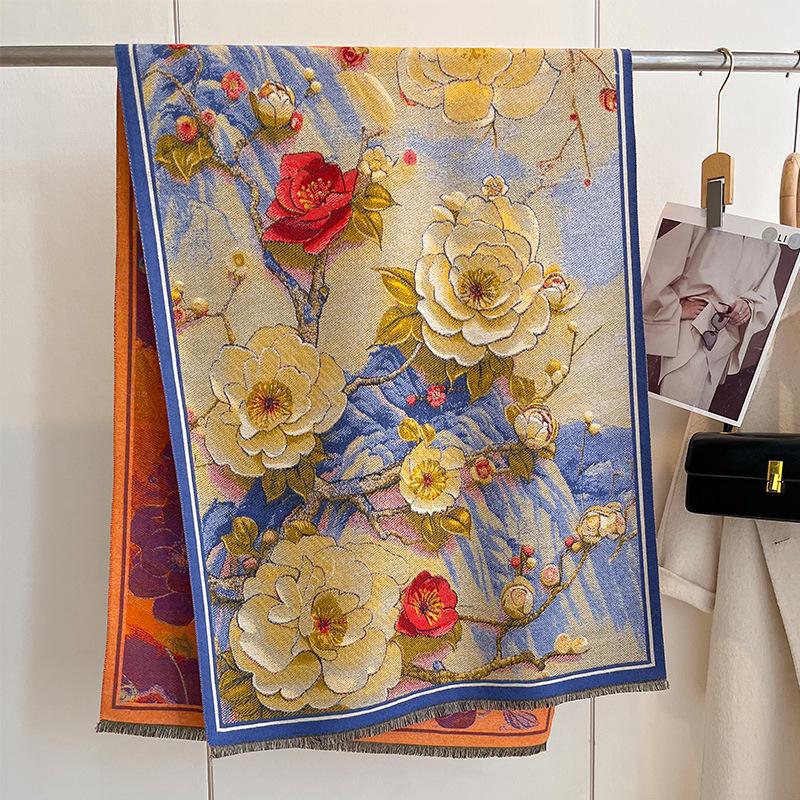Autumn And Winter National Style Plants And Flowers Landscape Painting Elegant Women Warm Scarf Fashion Retro Shawl