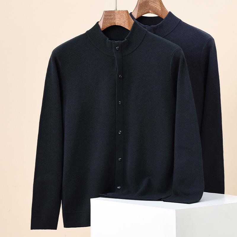 Hengyuanxiang Men's 100% Wool Thick Knit Half-High Neck Cardigan Sweater - Autumn/Winter 2025