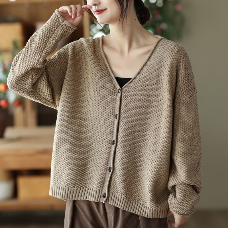 Plus Size Women's Autumn Winter Sweaters Vintage Knitted Cardigan V-neck Full Sleeved Sweater Loose Casual Tops