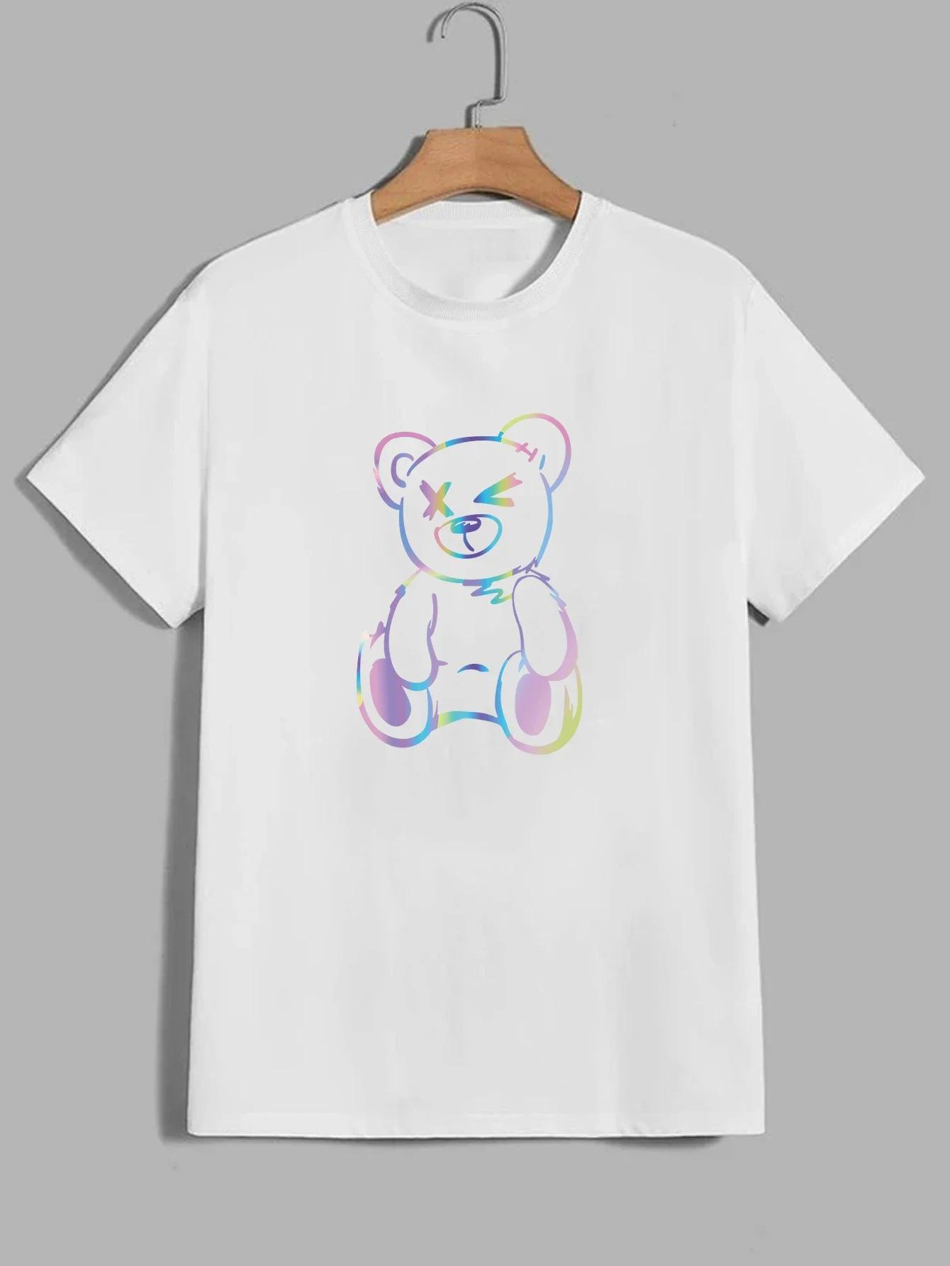 

Футболка с принтом Letter Bear 100% хлопок, летняя, 2023 г., высокого качества, Harajuku Clothing, для отдыха, уличного фитнеса, футболка с круглым вырезом XXXXXL чёрный
