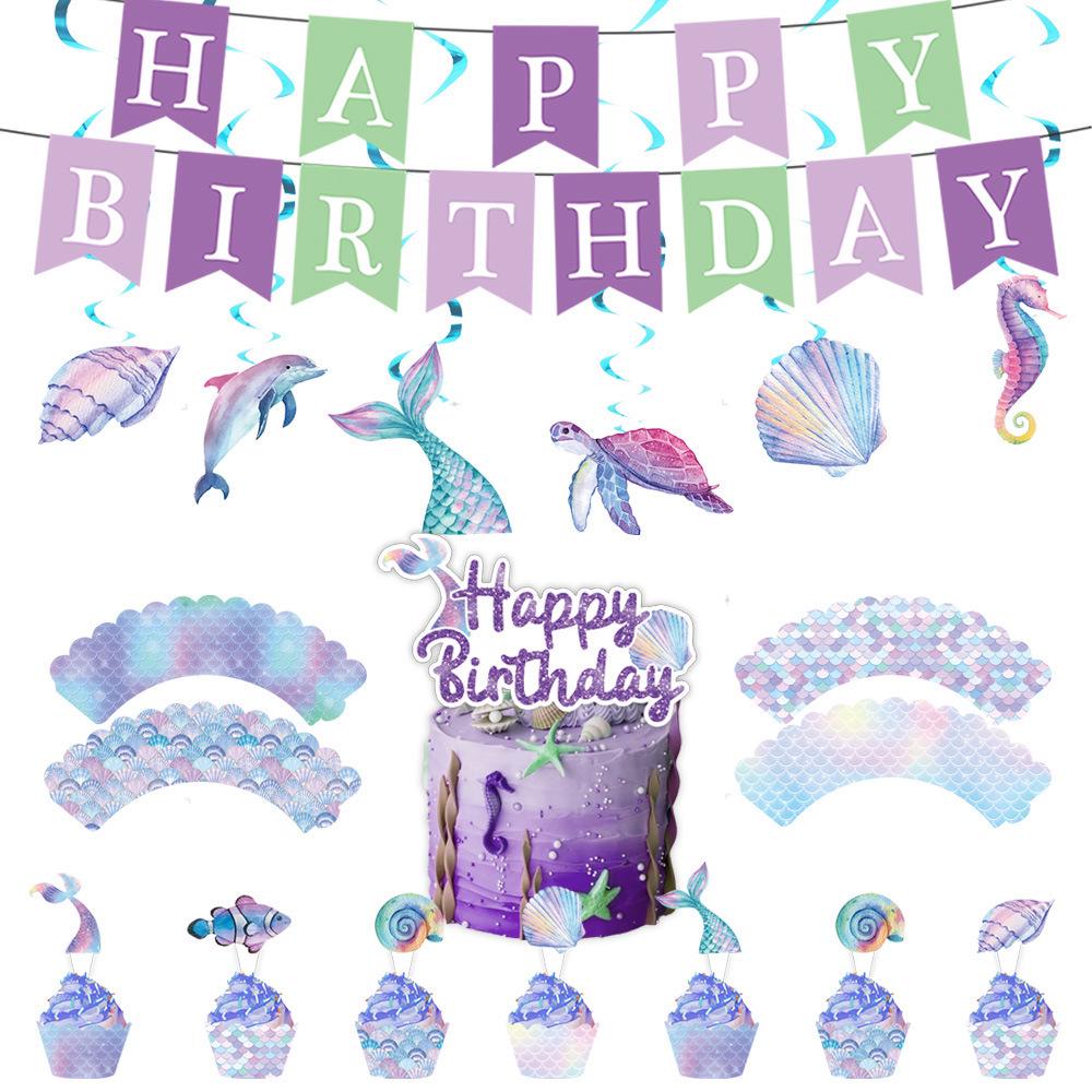 Mermaid Theme Party Supplies: Colorful Fish Scale Napkins, Plates, Cups, Flags, and Swirl Decorations