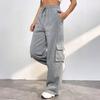 Women Cargo Pants Elastic High Waist Adjustable Drawstring Long Pants with Multi Pockets Wide Leg Design Solid Color Casual Pants