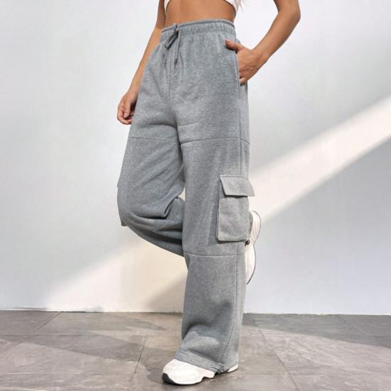 Women Cargo Pants Elastic High Waist Adjustable Drawstring Long Pants with Multi Pockets Wide Leg Design Solid Color Casual Pants