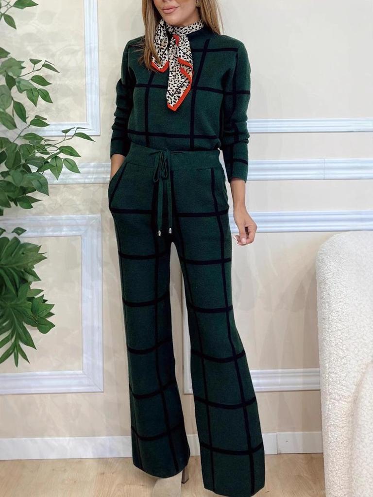 2024 Autumn/Winter Women's Plaid Print High Neck Long Sleeve Top & Solid Color Long Pants Set