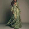 Green Bohemian Print V-neck Long Sleeve Dress, Pastoral Style Women Casual Dress