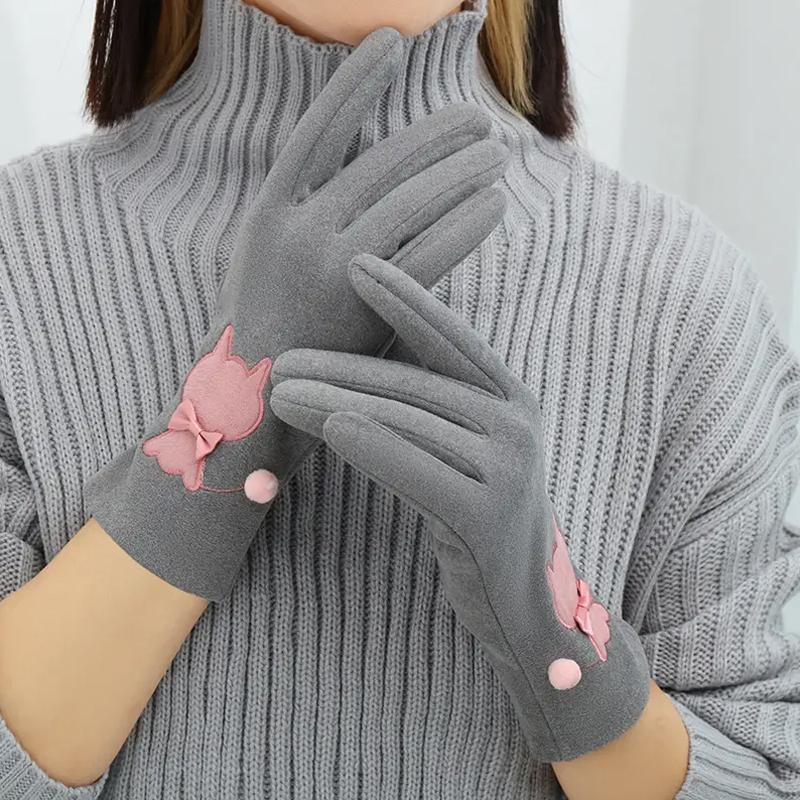 Women Touch Screen Outdoor Gloves Winter Fleece Riding Cat Embroidery Driving Elastic Gloves Warm One Size Fits All