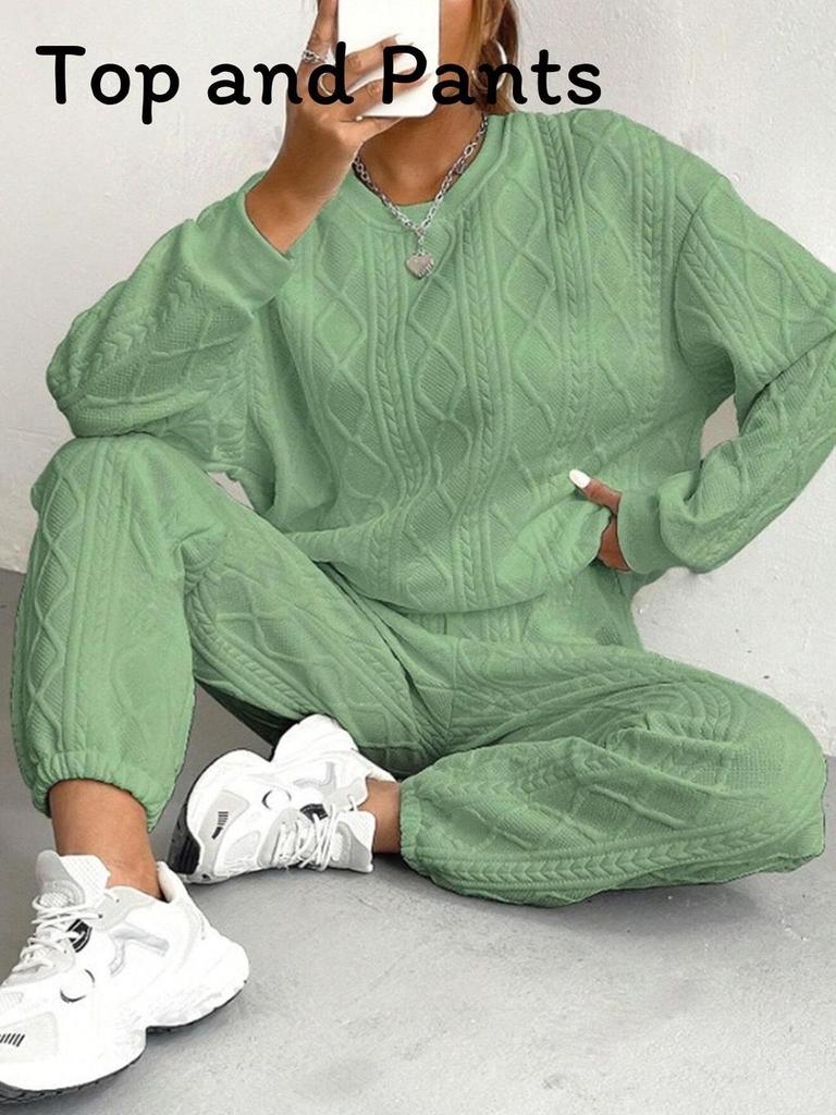 Autumn Winter Trendy Geometric Pattern Knit Pantsuit For Women Casual Lounge Wear