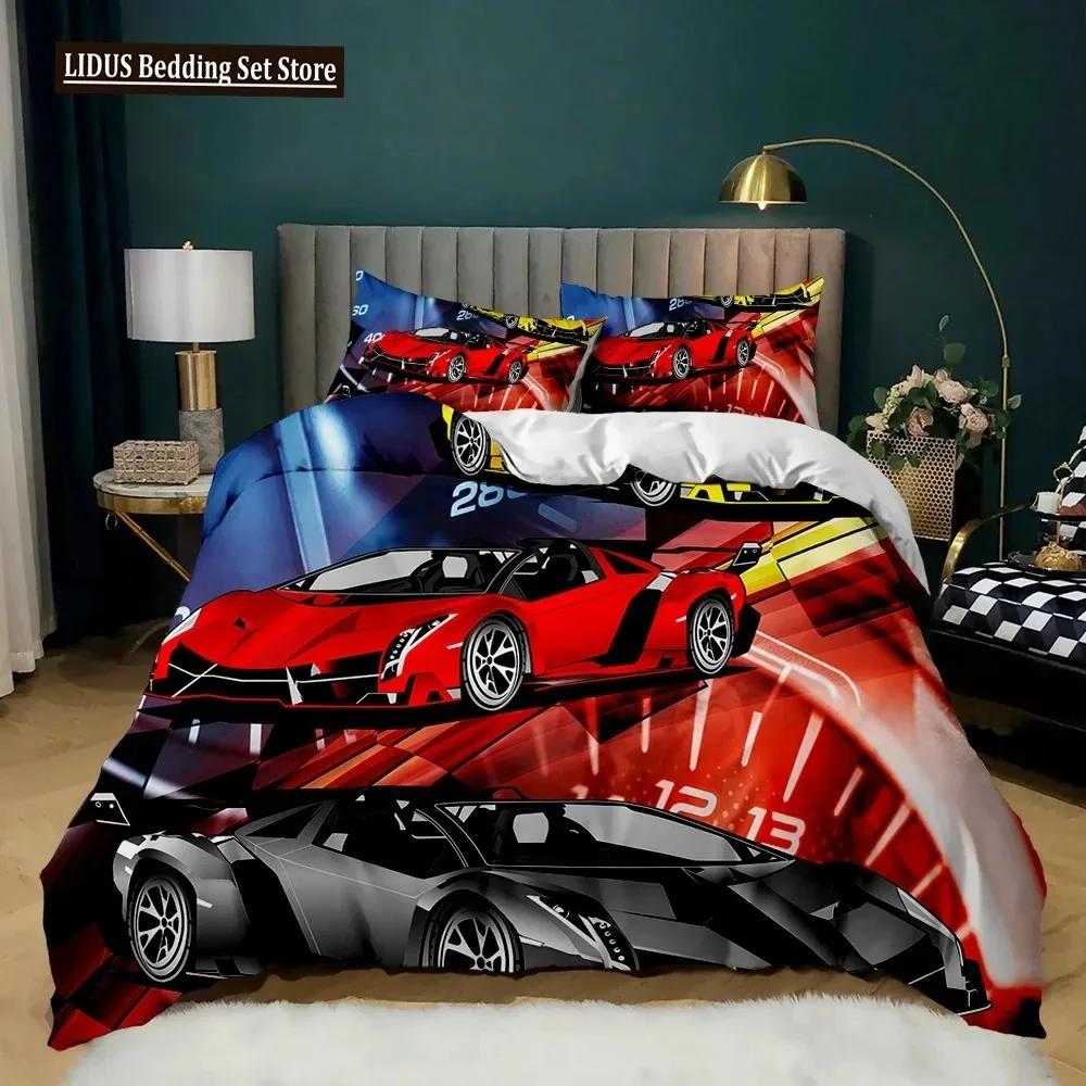 Racerbil Påslakanset King Queen Twin Storlek Röd Flamma Täcke Överdrag 3D Sportbilstema För Pojkar Flicka Polyester Sängkläder Set