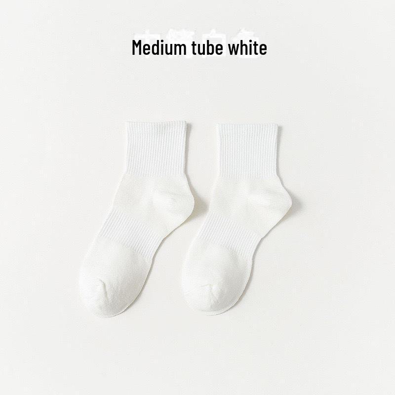 Șosete albe din bumbac pur cu tub mijlociu pentru femei – respirabile, absorbante de transpirație, versatile pentru sporturile de primăvară/toamnă și ținute la modă
