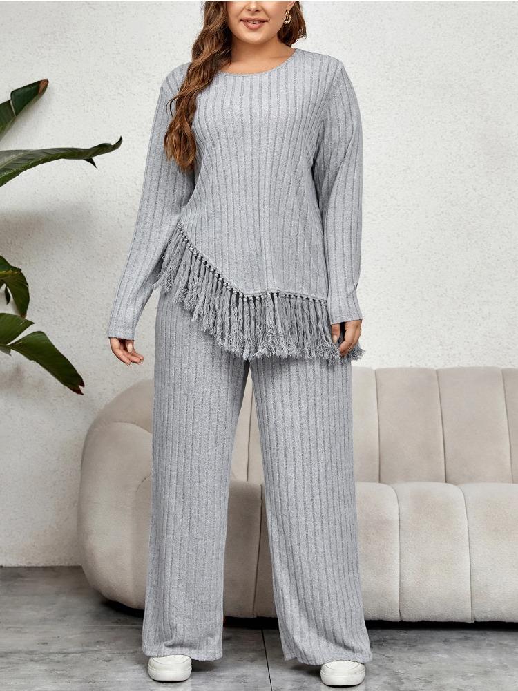 Taglie Forti Donne Stile Casa Completo Due Pezzi Autunno Casual Girocollo Maniche Lunghe Top con Orlo con Frange con Set di Pantaloni a Gamba Larga
