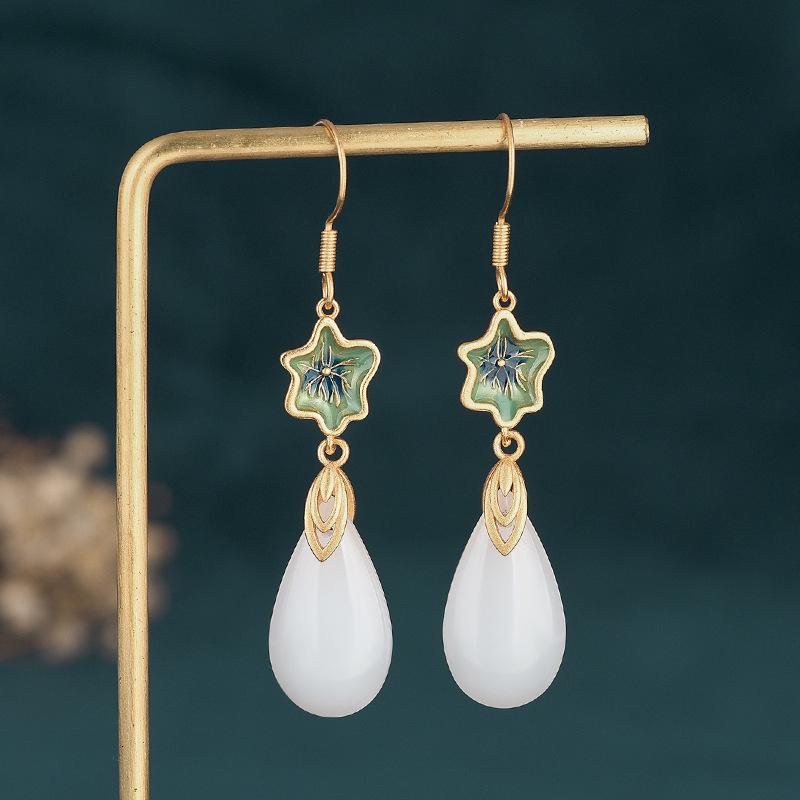 Chinese Retro Cloisonné Tassel Earrings with Hetian Jade