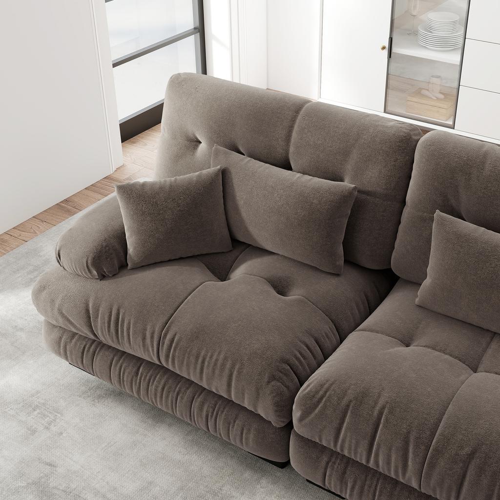 Cloud Corner Sofa for Living Room, Chenille Double Sofa with 2 Lumbar Pillows and 2 Decorative Pillows, Solid Wood Frame, Chenille Brown