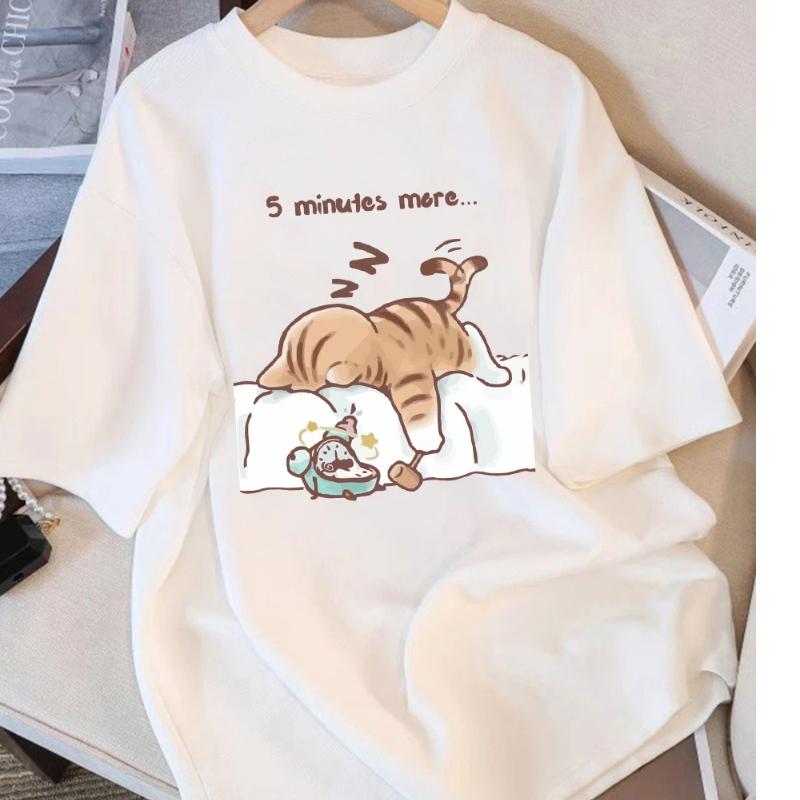 Women T-Shirt Cotton Summer The Cat That Always Wants To Sleep Pattern Prints T Shirt O-Neck Soft Loose Tops Basic Woman Clothes