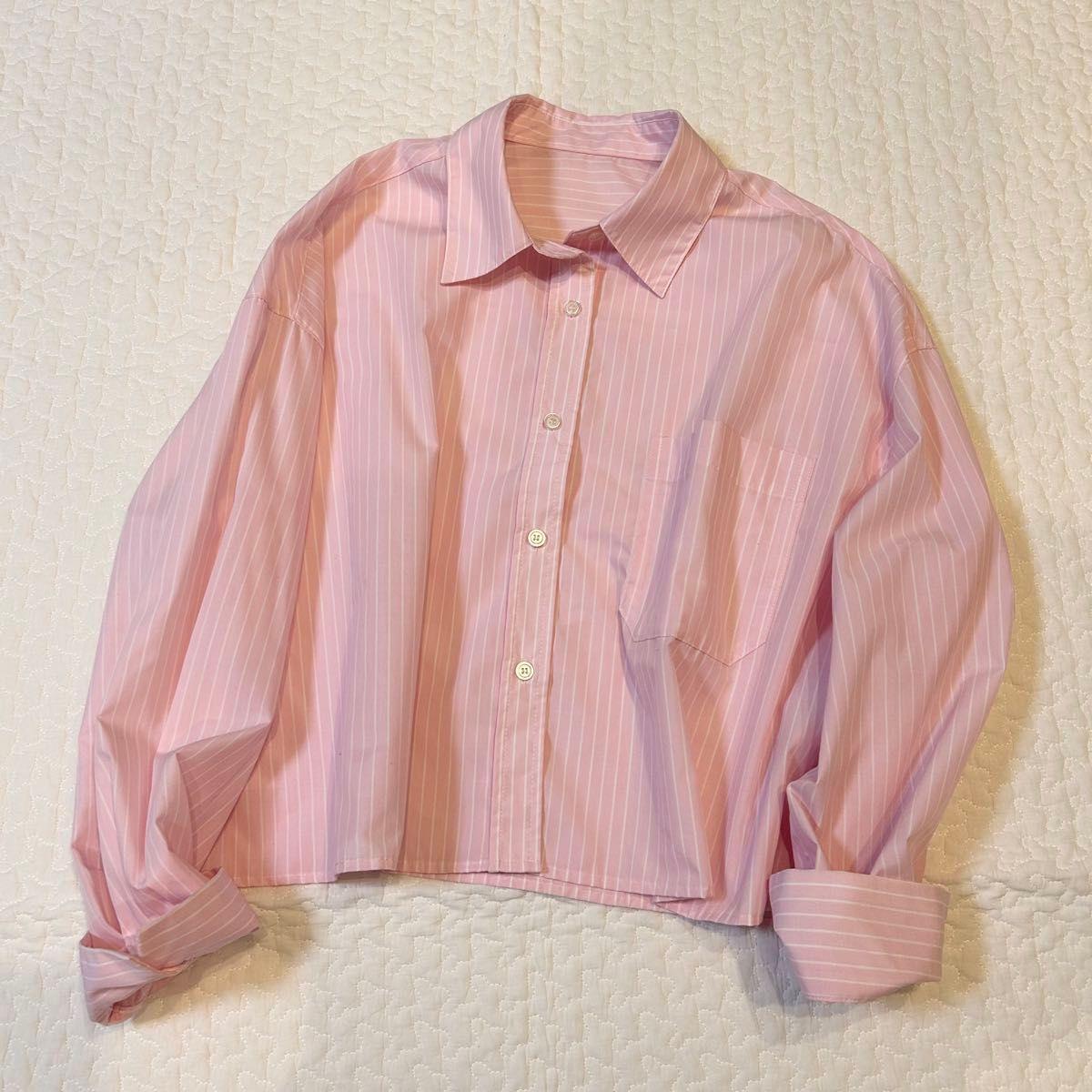 [Good Condition] Rope Picnic Shirt Pink Striped Short Length Falling Shoulder