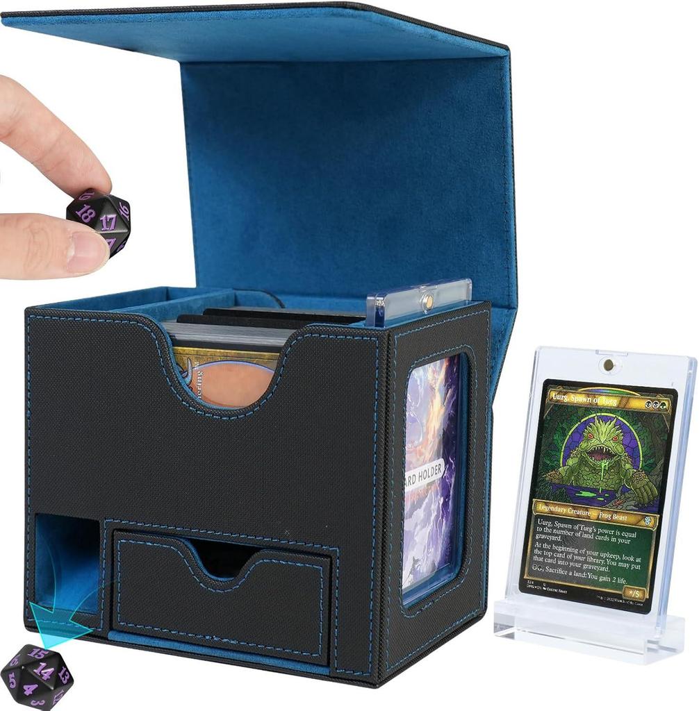 PU Leather Dice & Card Storage Box for 120+ Sleeved Cards, Dice, and Tokens - Compatible with Yu-Gi-Oh! & Magic: The Gathering, with Windowed Display.