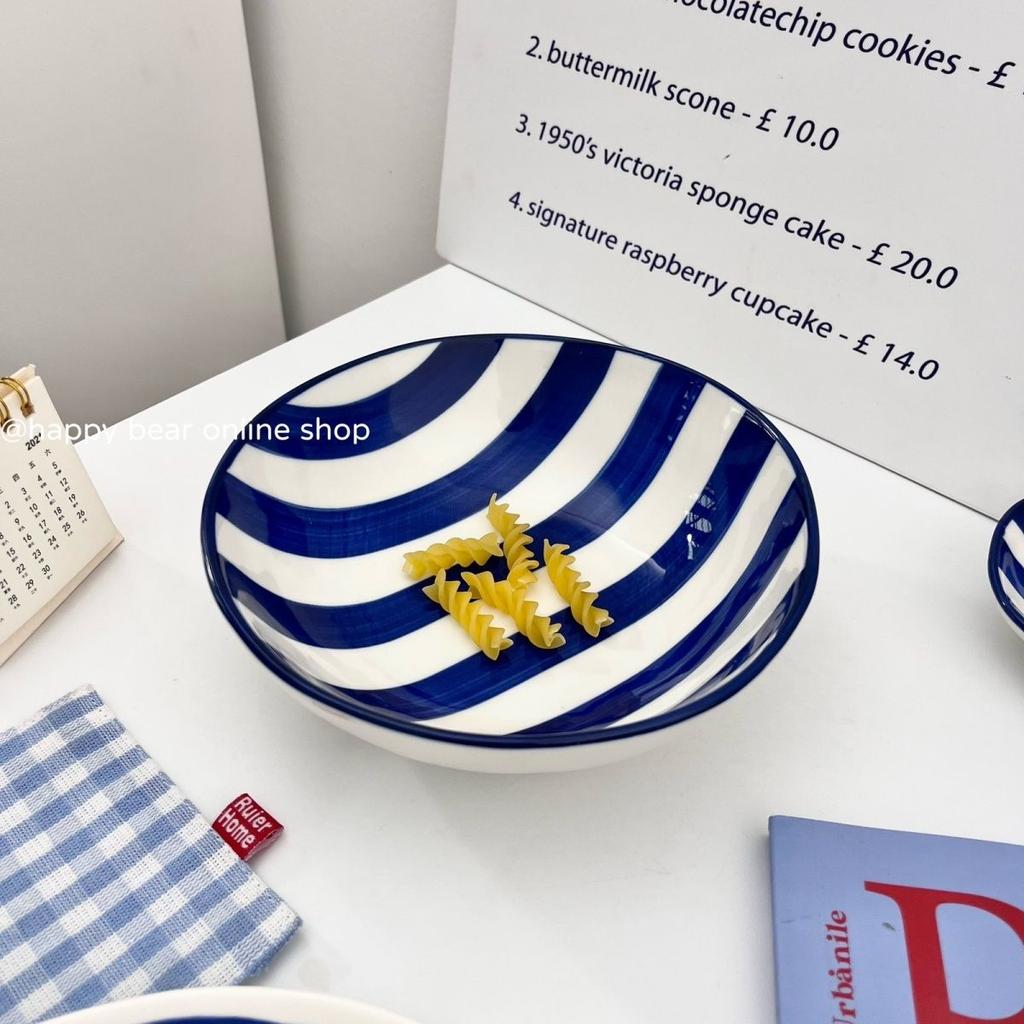 Korean Ins Retro Blue Line Ceramic Bowl Set,One Person Soup Plate Rice Bowl Home Accessories Bowls/Plates/Trays