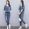 Denimkostym Dam Sommar Kvinna Casual Sportkläder Outfit Koreansk Version Cowboyset Löst Jeans Tvådelat Set 4XL