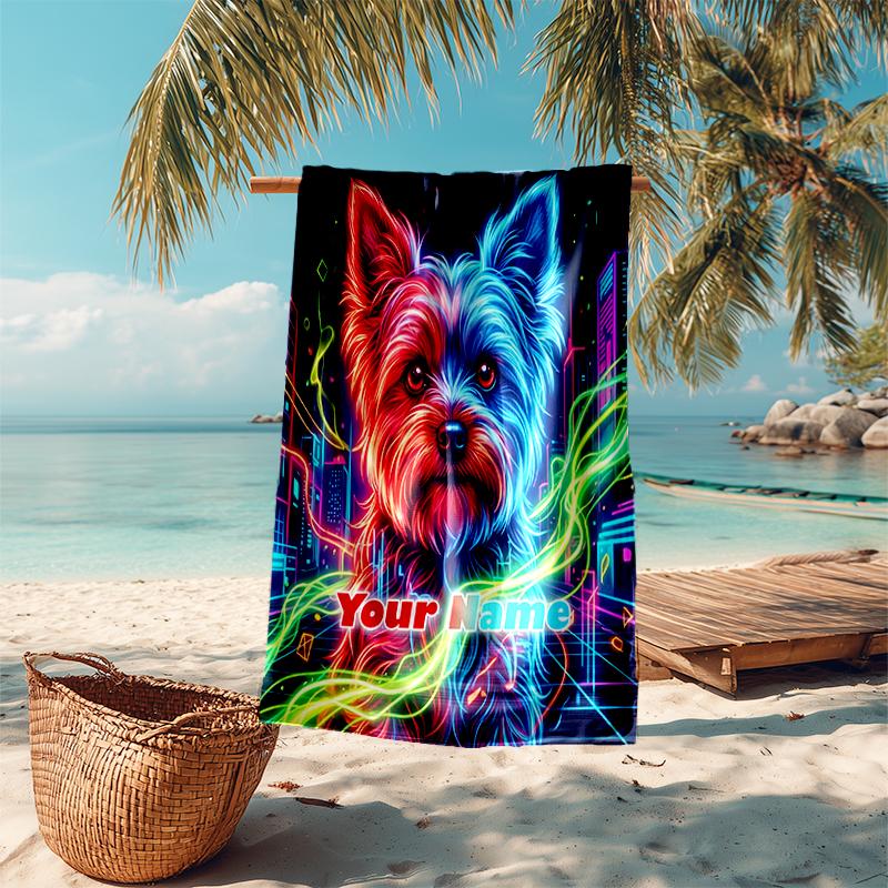 1PC Custom Name Neon Yorkie Cityscape Beach Towel Highly Absorbent And Sand-Resistant Towel for Swimming, Pool, Yoga, And Travel Lightweight