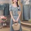 Women's Summer Retro Slimming A-line Denim Skirt and Short-sleeved Top Set