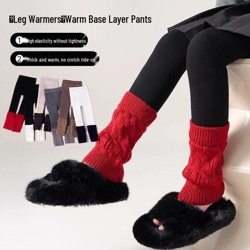 Trendy Girls' Fleece-Lined Cable Knit Patchwork Leg Warmers - Thick Lambswool Vertical Stripe Warm Pants