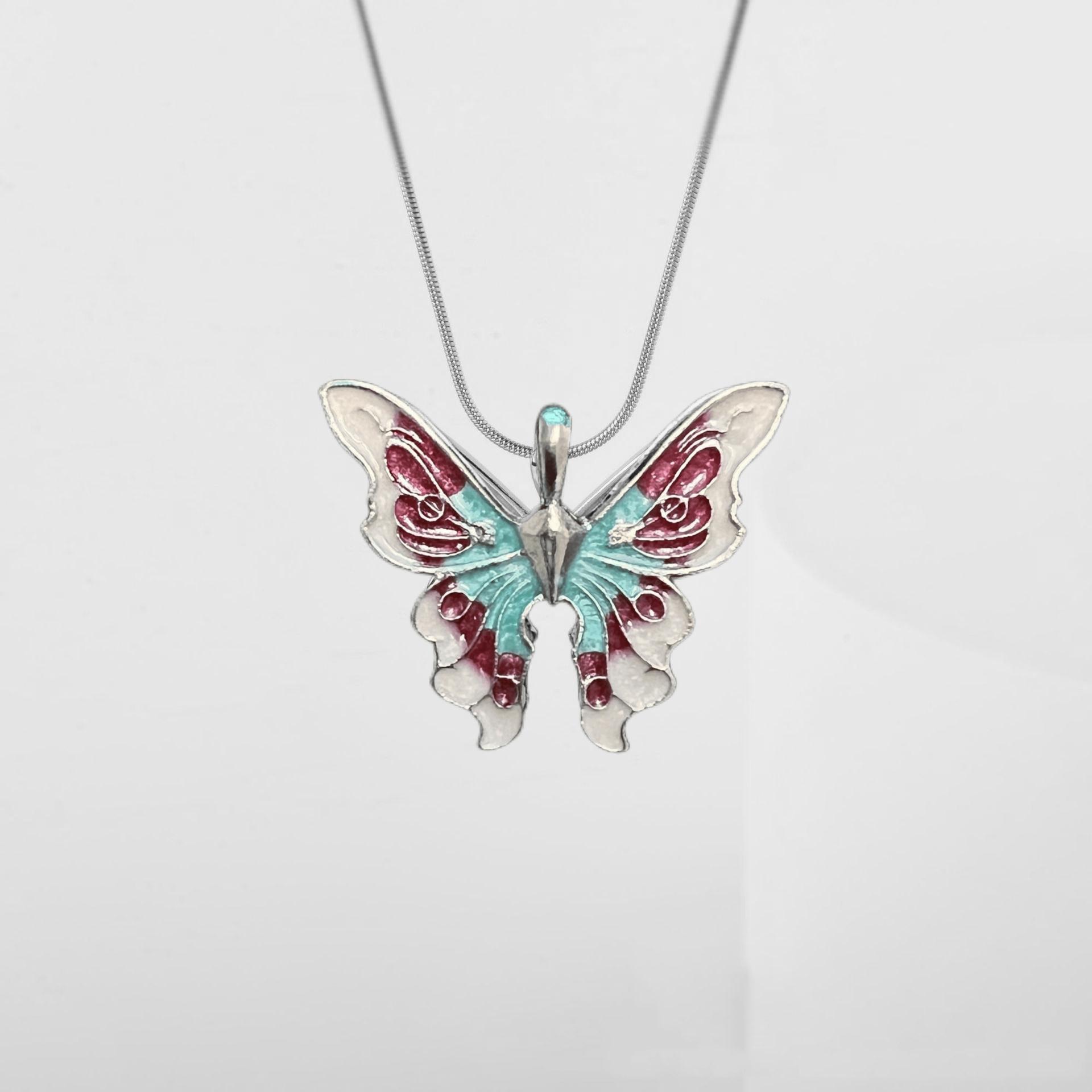 

New Fashion Romance Rainbow Fairy Pink Purple Large Butterfly Pendant Snake Bone Chain Necklace for Women Princess Jewelry Gifts