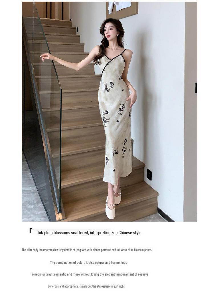 Authentic Chinese-Style Satin Camisole Dress: National Print, Bias Cut, High Waist, Slimming, Long-Tempered Fit