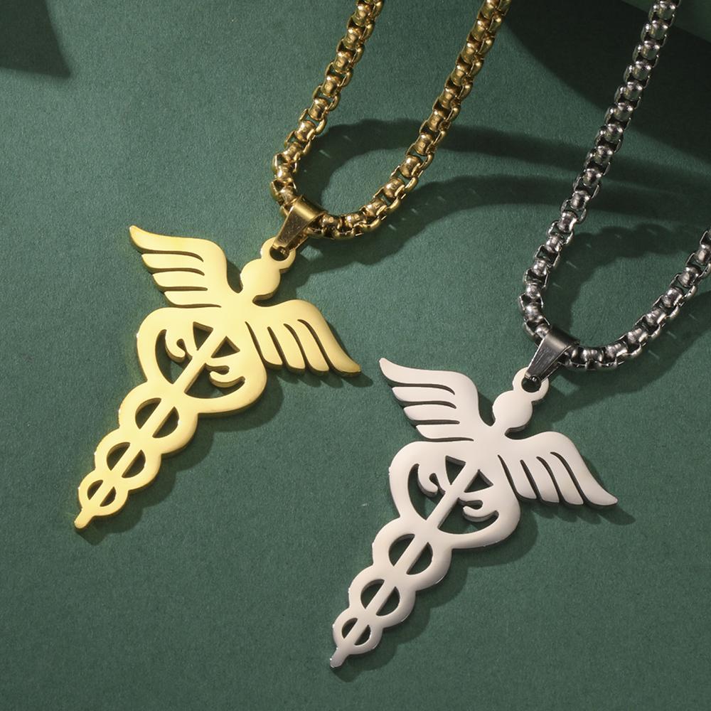 Dawapara Caduceus Necklace Archangel Wings Healing Medical Symbol Pendant Asclepius Protection Amulet Stainless  Steel Jewelry