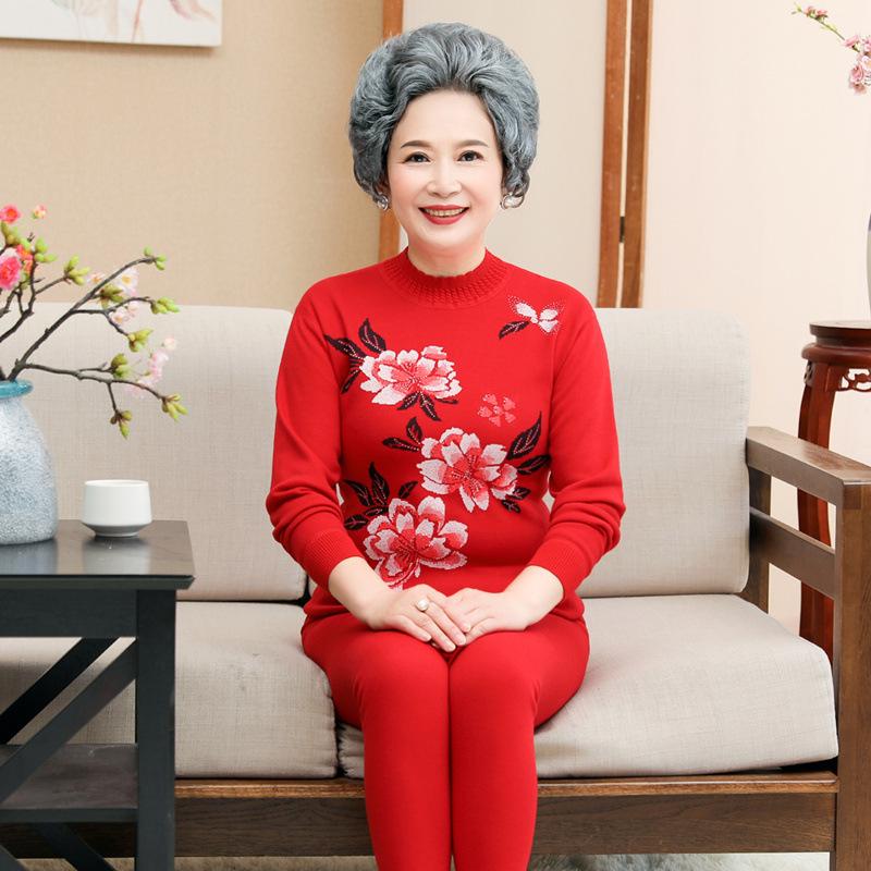 Women's Plus Size Fleece-Lined Warm Underwear Set for Middle-Aged and Elderly