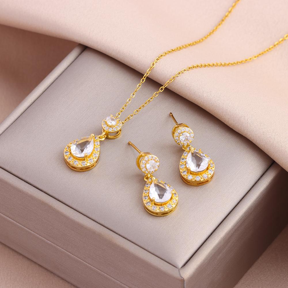 New Fashion Gold Plated Necklaces Earrings Sets For Women Female Trendy Party Jewelry Girls Daily Wear Neck Chain Earrings