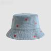 1 pezzo Cappello a secchiello estivo con ricamo di ciliegie lavato per donna, cappello da pescatore per esterni, cappellini protettivi solari carini per viaggi, spiaggia