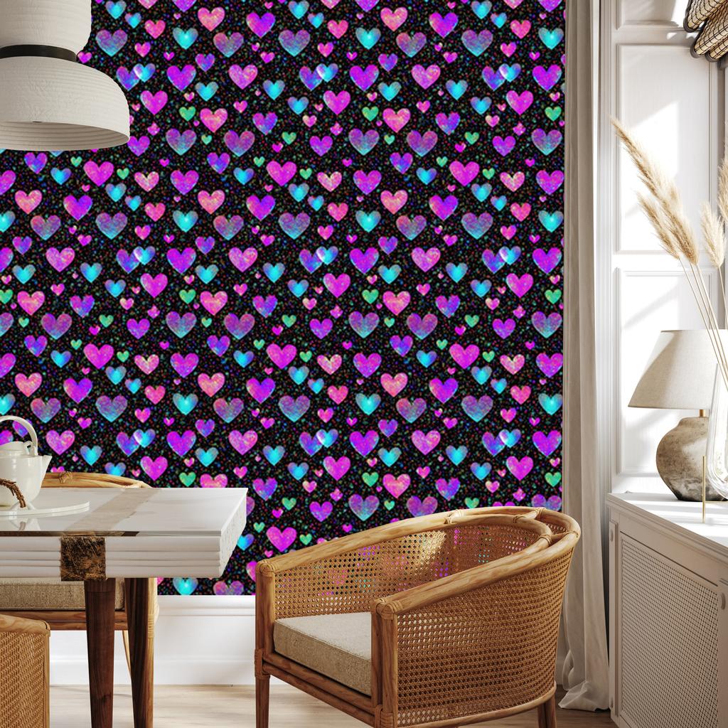 Neon Glitter Hearts Wallpaper Purple and Black 50x1000