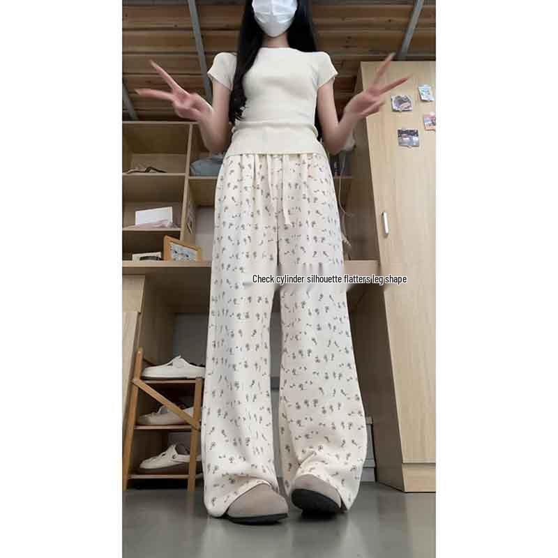 Trendy Floral Wide-Leg Pants for Women: Versatile, Loose Casual Fit for Spring & Autumn, Korean Style for Petite Female Students