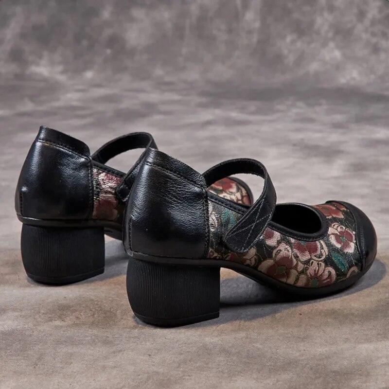 Johnature Pantofi de damă cu imprimeu în stil etnic, din piele naturală, cu vârf rotund, cu toc gros, cu talpă moale