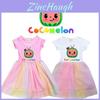 Cocomelon Kids Girl Princess Dress With Short Sleeve Cartoon Anime Print And Breathable Mesh Fabric